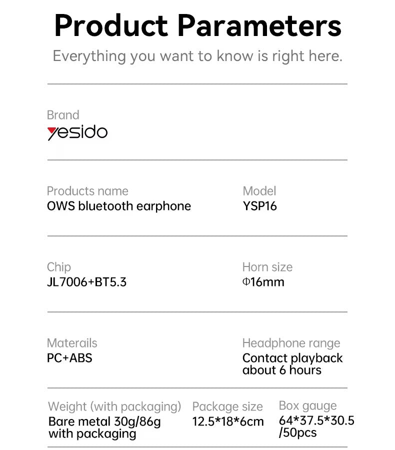 Yesido YSP16 Wireless Bone Conduction Earphones