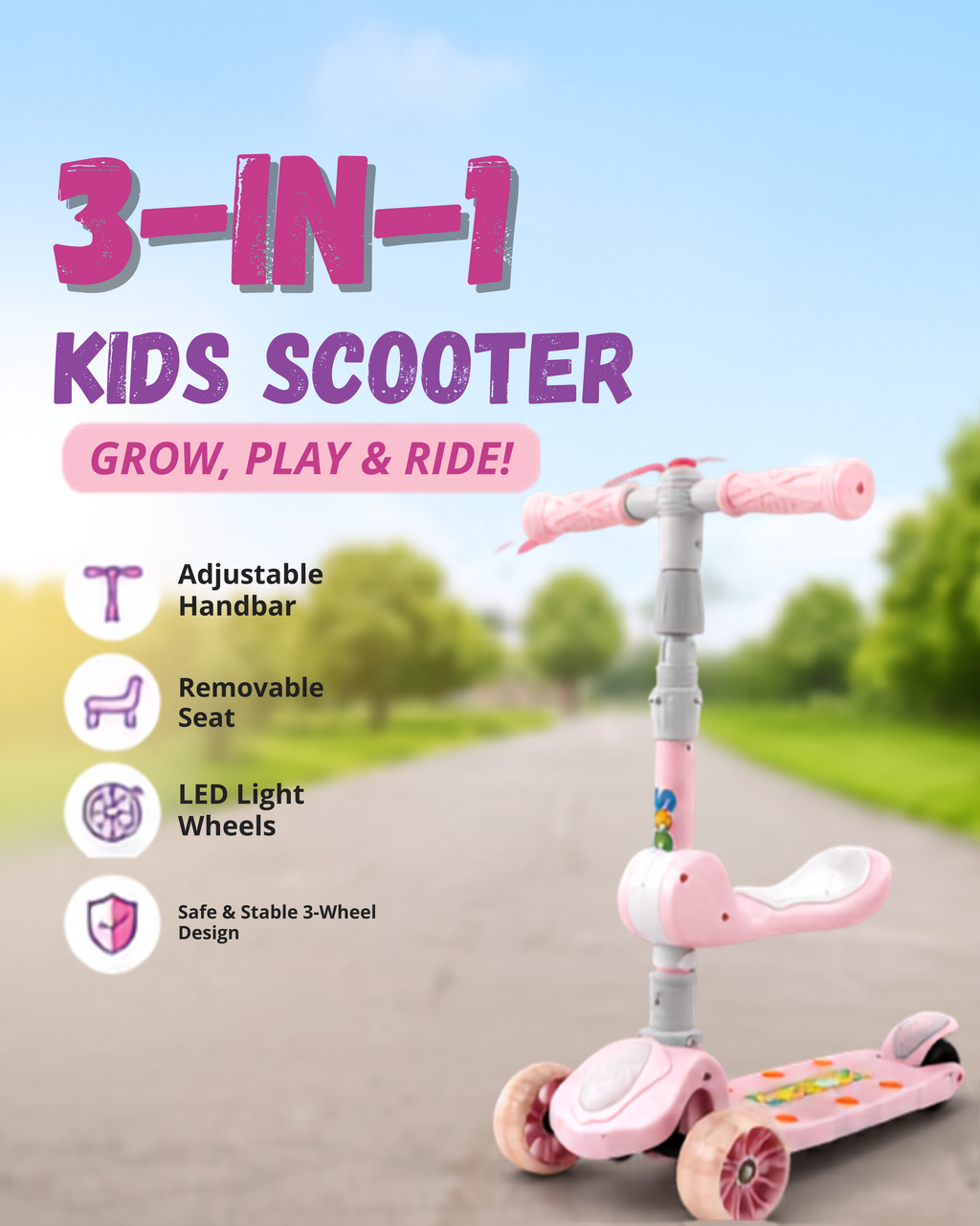 3-in-1 Kids Scooter with Adjustable Seat