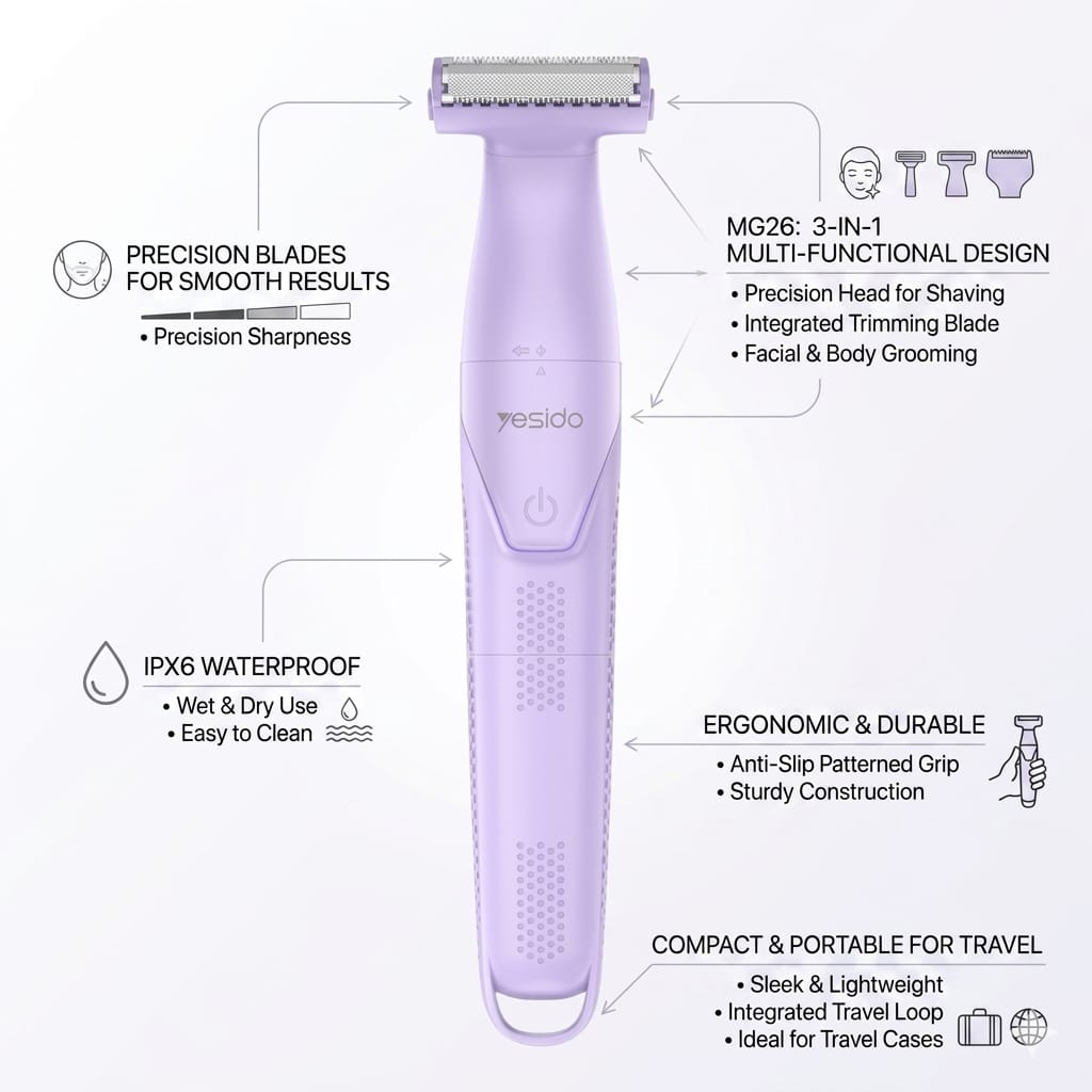 Yesido MG26 3‑in‑1 IPX6 Waterproof Body Hair Trimmer