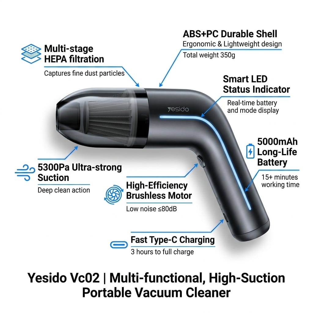 VC02 Mini Portable Cordless Car Vacuum Cleaner High Power Wet&D
