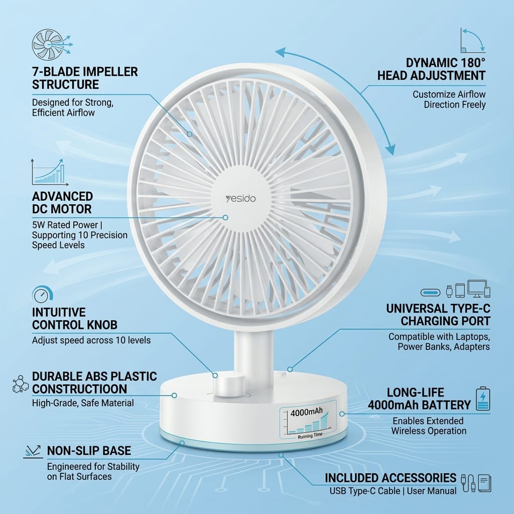 YF12 Rapid Cooling 7 Fan Blades 10 Stages Of Speed Infinite adjustment Table Using 6 Inches Mini Fan
