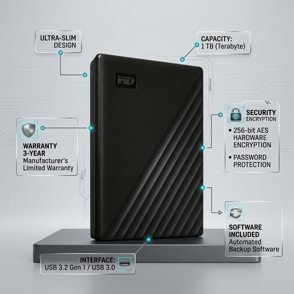 WD - My Passport 1TB External USB Portable Hard Drive - Black