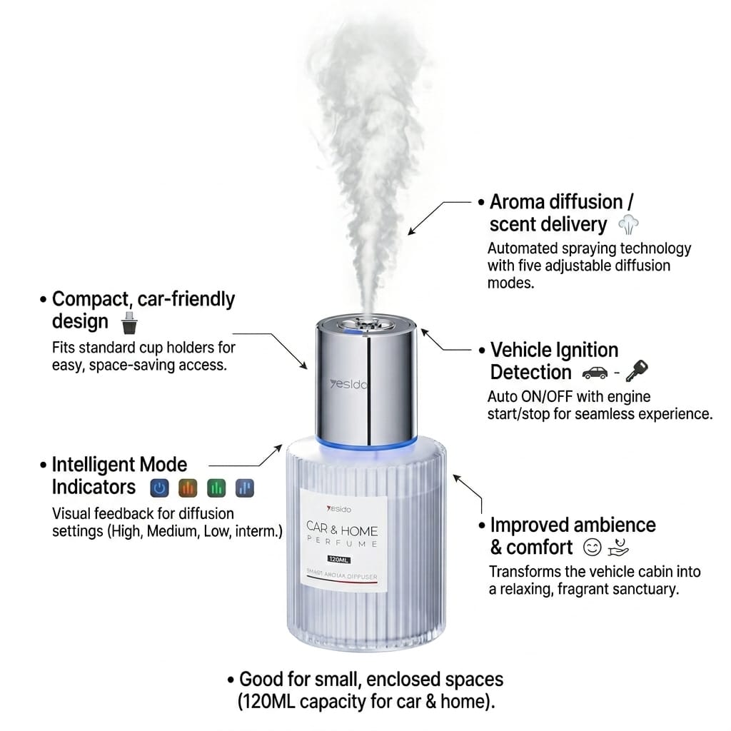 YESIDO VC16 Smart Car Fragrance Diffuser Type C Rechargeable 5 Modes Automatic Air Freshener
