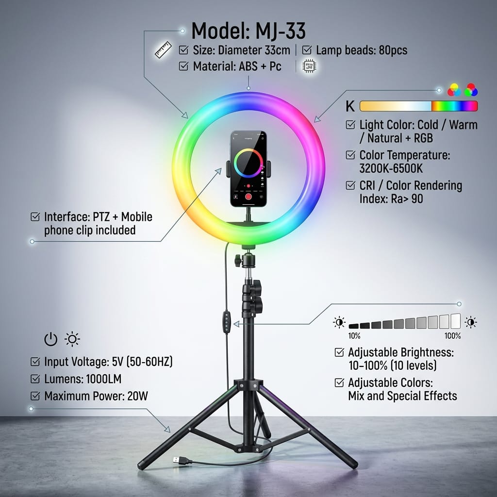 MJ33 RGB Ring Light With Stand And Phone Holder