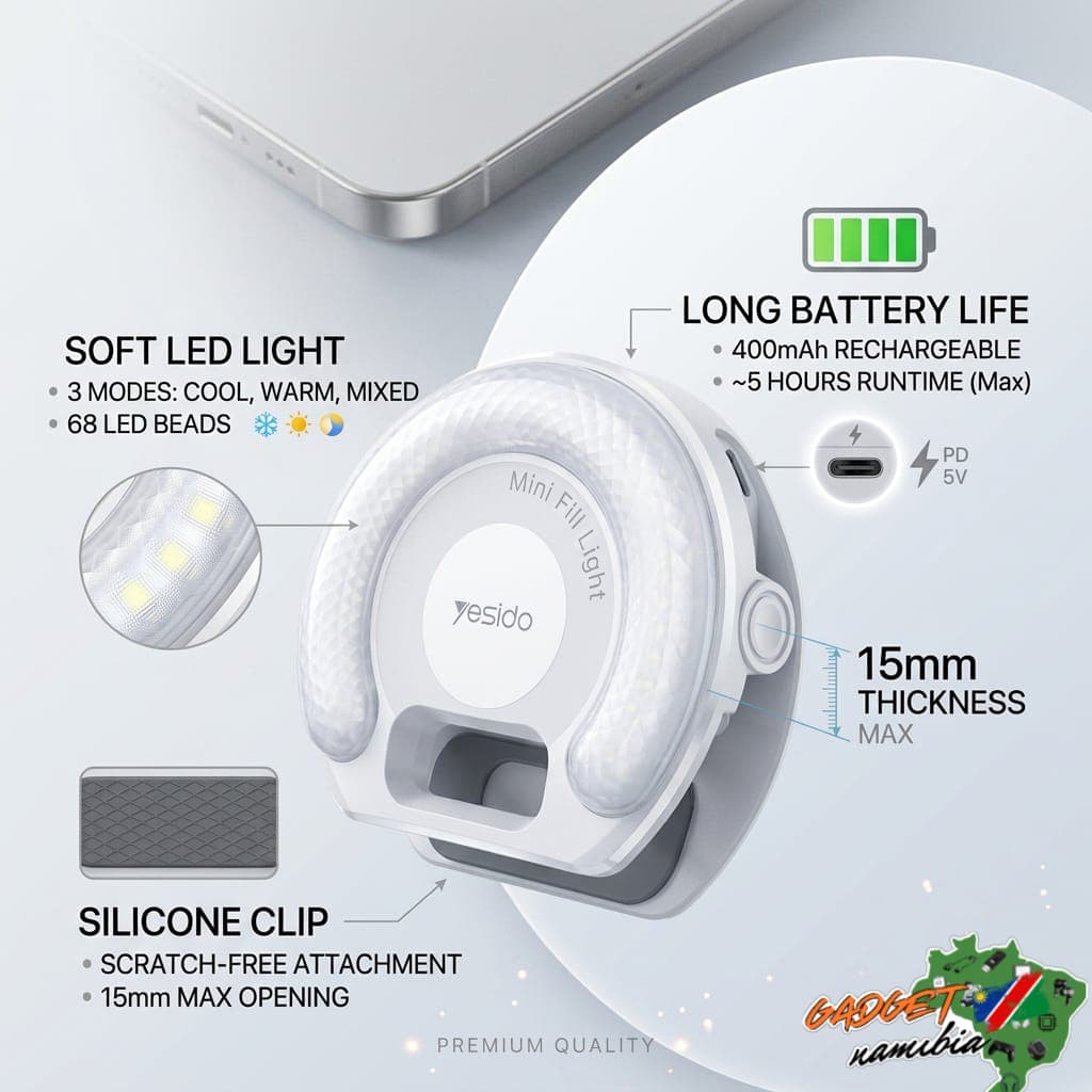 Yesido LED Selfie Light with Phone Clip (DH13), 400mAh, 6.8W, 3 Lights Mode