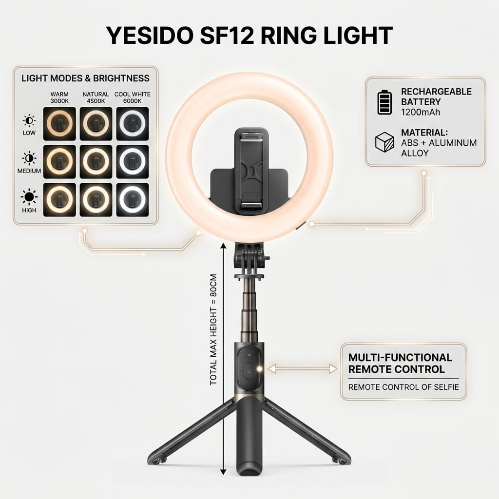 Yesido SF12 LED Ring Light Stand Selfie Stick